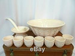 JEANNETTE Vintage 1950's Shell Pink Milk Glass Punch Bowl & Cup Set of 10