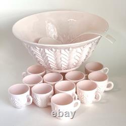 Jeanette Feather Pattern Shell Pink Milk Glass Punch Set Bowl Base 11 Cups Ladle