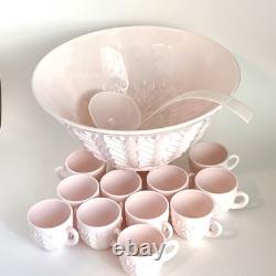 Jeanette Feather Pattern Shell Pink Milk Glass Punch Set Bowl Base 11 Cups Ladle