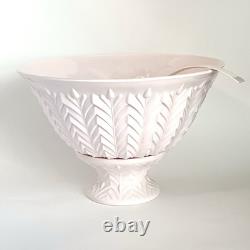 Jeanette Feather Pattern Shell Pink Milk Glass Punch Set Bowl Base 11 Cups Ladle
