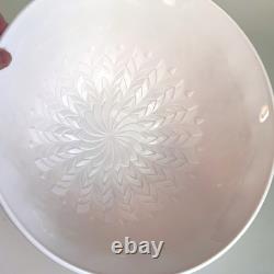 Jeanette Feather Pattern Shell Pink Milk Glass Punch Set Bowl Base 11 Cups Ladle