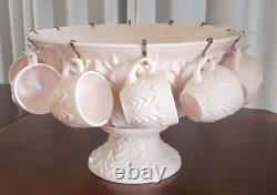 Jeanette Feather Pattern Shell Pink Milk Glass Punch Set Bowl Base Cups Ladle