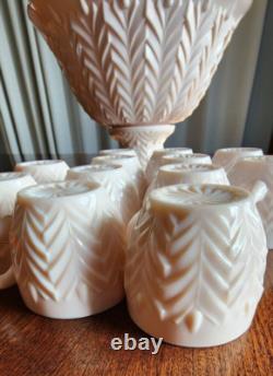 Jeanette Feather Pattern Shell Pink Milk Glass Punch Set Bowl Base Cups Ladle