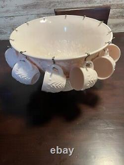 Jeanette Feather Shell Pink Milk Glass Punch Bowl Set 12 Glasses + Base
