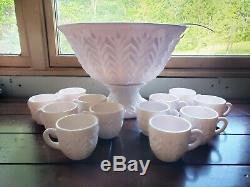 Jeanette Shell Pink Punch Bowl, Ladel, 12 Cups, Feather Pattern 50's