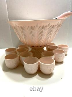Jeannette Feather Shell Pink Milk Glass Punch Bowl Set 12 cups Vtg 1950's