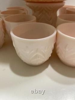 Jeannette Feather Shell Pink Milk Glass Punch Bowl Set 12 cups Vtg 1950's