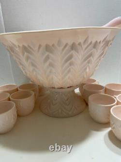 Jeannette Feather Shell Pink Milk Glass Punch Bowl Set 12 cups Vtg 1950's
