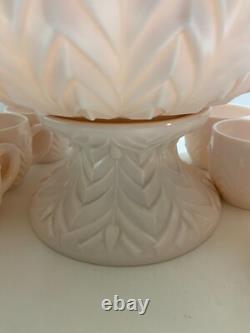 Jeannette Feather Shell Pink Milk Glass Punch Bowl Set 12 cups Vtg 1950's