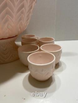 Jeannette Feather Shell Pink Milk Glass Punch Bowl Set 12 cups Vtg 1950's