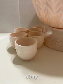 Jeannette Feather Shell Pink Milk Glass Punch Bowl Set 12 cups Vtg 1950's