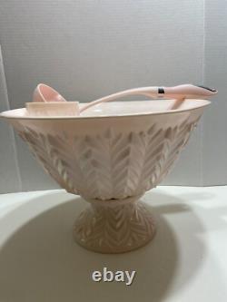 Jeannette Feather Shell Pink Milk Glass Punch Bowl Set 12 cups Vtg 1950's
