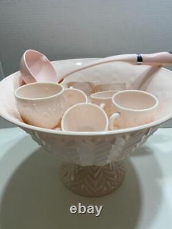 Jeannette Feather Shell Pink Milk Glass Punch Bowl Set 12 cups Vtg 1950's