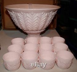 Jeannette Glass Shell Pink Milk Glass Punch Bowl With Cups & ladle