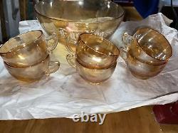 Jeannette Glass Vintage Luster Marigold Iridescent Egg Nog Punch Bowl with 6 Cups