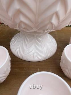 Jeannette SHELL PINK Feather PUNCH BOWL Set 12 Cups & Base