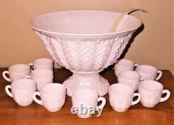 Jeannette SHELL PINK Feather PUNCH BOWL Set 14 Cups & Base