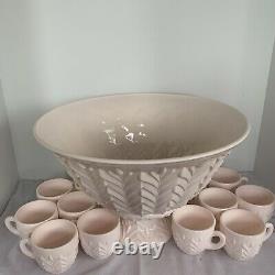 Jeannette Vintage Pink Milk Glass Punch Bowl Set Pedestal & 12 Cups Vintage