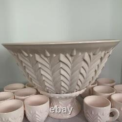 Jeannette Vintage Pink Milk Glass Punch Bowl Set Pedestal & 12 Cups Vintage