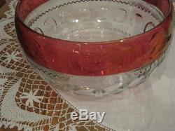 KINGS CROWN 16 PUNCH BOWL With 7.5 BASE & 12 PUNCH CUPS, CRANBERRY FLASH ON TOPS