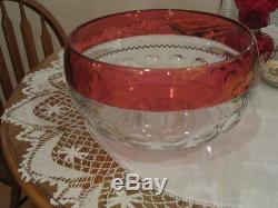 KINGS CROWN 16 PUNCH BOWL With 7.5 BASE & 12 PUNCH CUPS, CRANBERRY FLASH ON TOPS