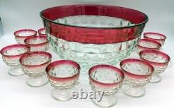 Kings Crown Ruby Red Flash Cubist Punch Bowl 12 Footed Cups With ladle