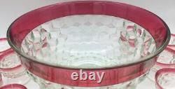 Kings Crown Ruby Red Flash Cubist Punch Bowl 12 Footed Cups With ladle