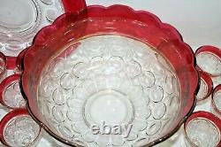 Kings Crown Ruby Red Flash Thumbprint Punch Bowl & 12 Footed Glasses plus Plate