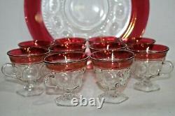 Kings Crown Ruby Red Flash Thumbprint Punch Bowl & 12 Footed Glasses plus Plate