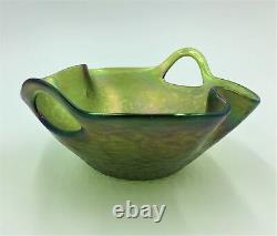 Kralik Punched Handle Art Nouveau Iridescent Double Fold Rim Art Glass Bowl Vase