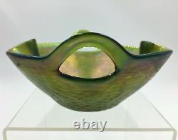 Kralik Punched Handle Art Nouveau Iridescent Double Fold Rim Art Glass Bowl Vase