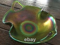 Kralik Punched Handle Art Nouveau Iridescent Double Fold Rim Art Glass Bowl Vase