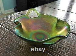 Kralik Punched Handle Art Nouveau Iridescent Double Fold Rim Art Glass Bowl Vase