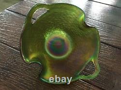 Kralik Punched Handle Art Nouveau Iridescent Double Fold Rim Art Glass Bowl Vase