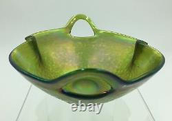 Kralik Punched Handle Art Nouveau Iridescent Double Fold Rim Art Glass Bowl Vase