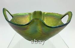 Kralik Punched Handle Art Nouveau Iridescent Double Fold Rim Art Glass Bowl Vase