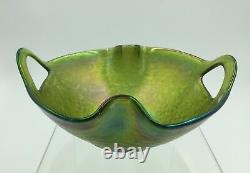 Kralik Punched Handle Art Nouveau Iridescent Double Fold Rim Art Glass Bowl Vase