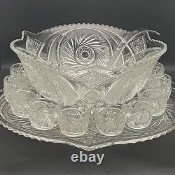 L. E. Smith 17pc Aztec aka Pinwheel & Stars Punch Bowl Set on Under Plate c1950s