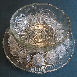 L. E. Smith 1930's Glass Pinwheel and Stars Slewed Punch Bowl / Tray / 16 Cup Set