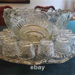 L. E. Smith 1930's Glass Pinwheel and Stars Slewed Punch Bowl / Tray / 16 Cup Set