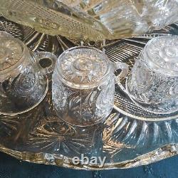 L. E. Smith 1930's Glass Pinwheel and Stars Slewed Punch Bowl / Tray / 16 Cup Set