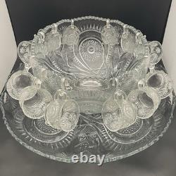 L. E. Smith 27pc Slewed Horseshoe aka Pinwheel & Stars Punch Bowl Set c1930s USA
