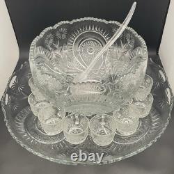 L. E. Smith 27pc Slewed Horseshoe aka Pinwheel & Stars Punch Bowl Set c1930s USA