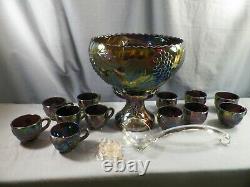 L. E. Smith Amethyst Carnival Glass GRAPE Punch Bowl Set 12 Cups Ladle Bowl Base