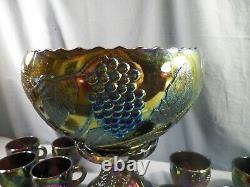 L. E. Smith Amethyst Carnival Glass GRAPE Punch Bowl Set 12 Cups Ladle Bowl Base