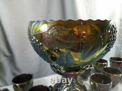 L. E. Smith Amethyst Carnival Glass GRAPE Punch Bowl Set 12 Cups Ladle Bowl Base