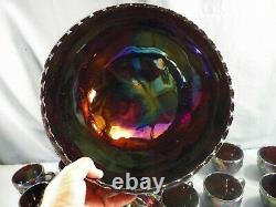 L. E. Smith Amethyst Carnival Glass GRAPE Punch Bowl Set 12 Cups Ladle Bowl Base