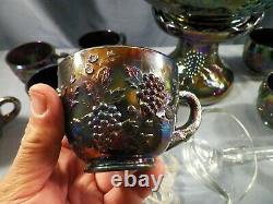 L. E. Smith Amethyst Carnival Glass GRAPE Punch Bowl Set 12 Cups Ladle Bowl Base