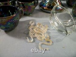 L. E. Smith Amethyst Carnival Glass GRAPE Punch Bowl Set 12 Cups Ladle Bowl Base