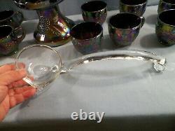 L. E. Smith Amethyst Carnival Glass GRAPE Punch Bowl Set 12 Cups Ladle Bowl Base